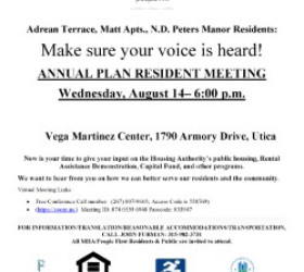 Adrean Terrace, N.D. Peters Manor, F.X. Matt Apartments Resident Meeting on August 14